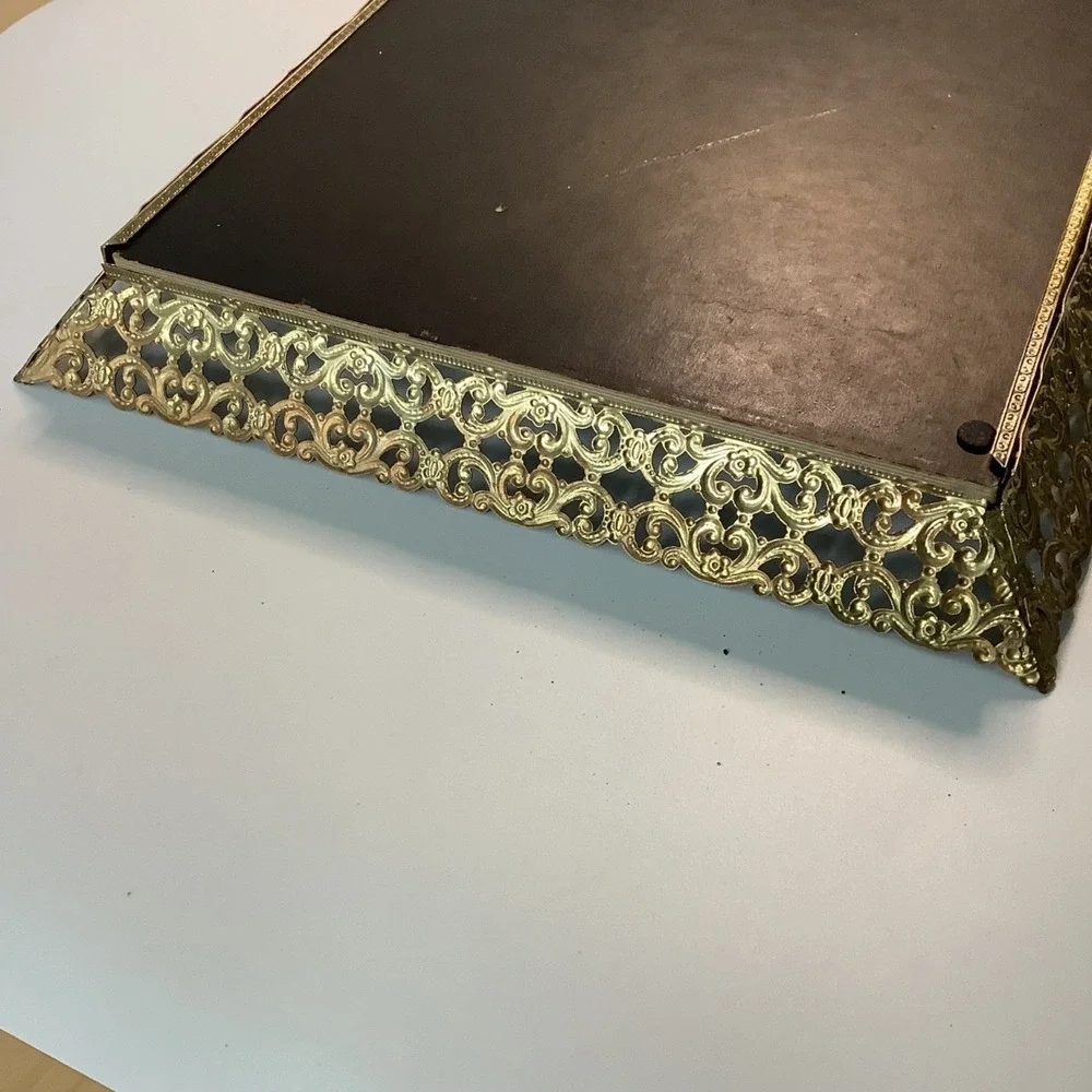 Vintage Mirror Vanity Tray Gold Filigree Metal Rectangle Hollywood Regency MCM